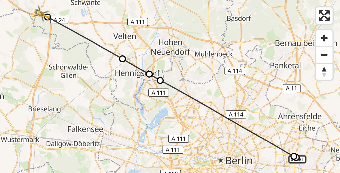 Flugroute Rettungshubschrauber Berlin Emergency Hospital - Kremmen, 11 Juli 2026, 11:09