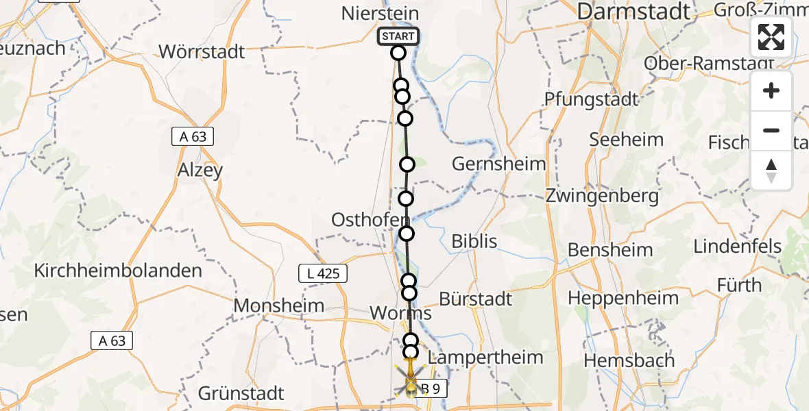 Flugroute Rettungshubschrauber Oppenheim - Bobenheim-Roxheim, 11 Juli 2026, 11:15