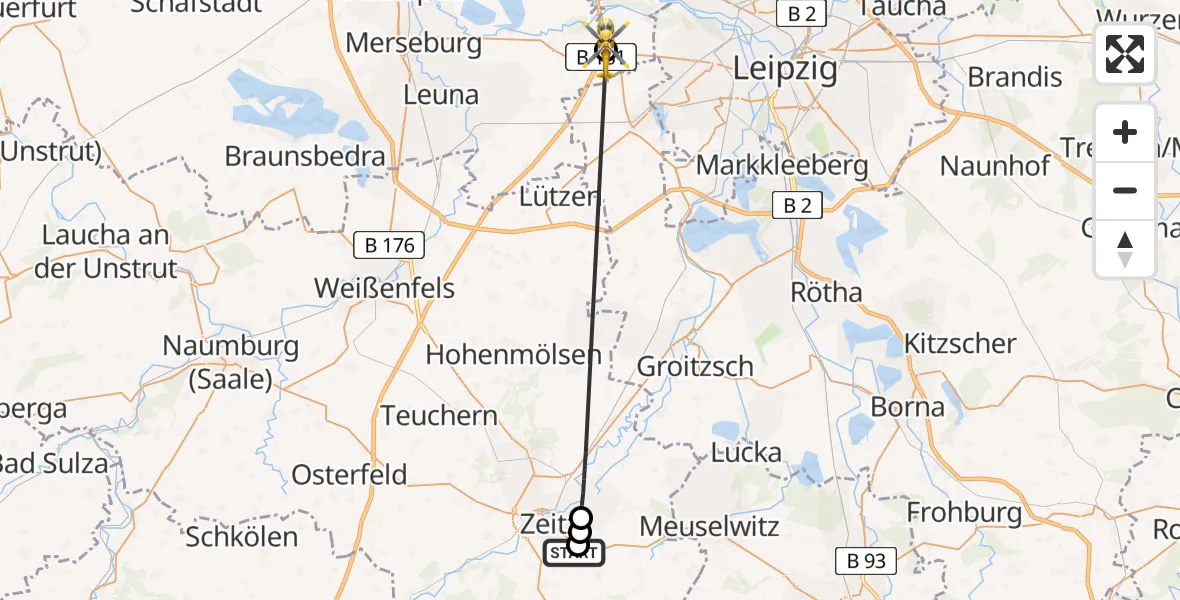 Flugroute Rettungshubschrauber Zeitz Hospital - ADAC Air Rescue Station Leipzig/Schkeuditz-Dölzig Hubschrauberlandeplatz (Christoph 61), 11 Juli 2026, 11:20