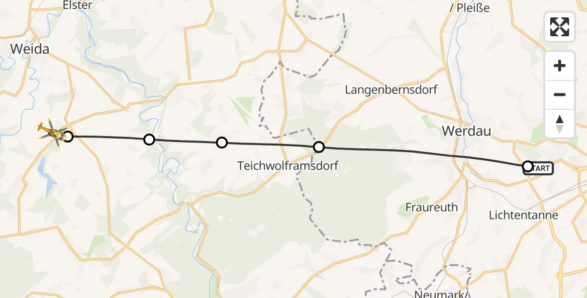 Flugroute Rettungshubschrauber ADAC Air Rescue Station Zwickau Hubschrauberlandeplatz - Weida, 11 Juli 2026, 11:32