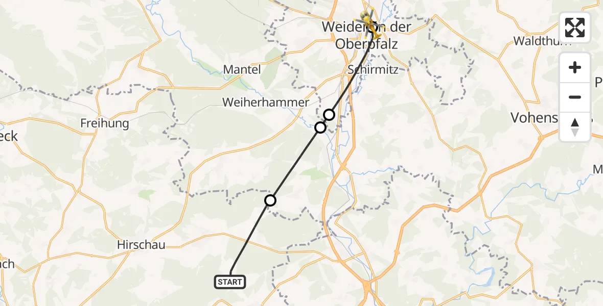 Flugroute Ambulanzhubschrauber Schnaittenbach - Weiden Hospital, 11 Juli 2026, 11:32
