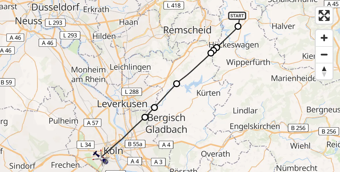 Flugroute Polizeihubschrauber Radevormwald - Köln University Hospital, 11 Juli 2026, 11:33