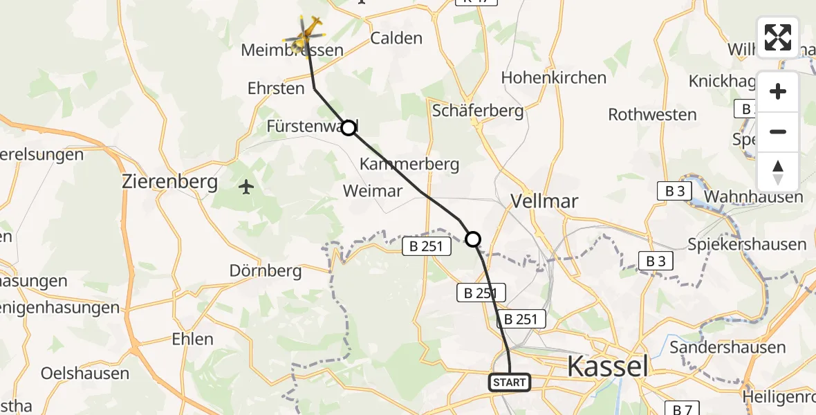 Flugroute Rettungshubschrauber Kassel - Calden, 11 Juli 2026, 11:36