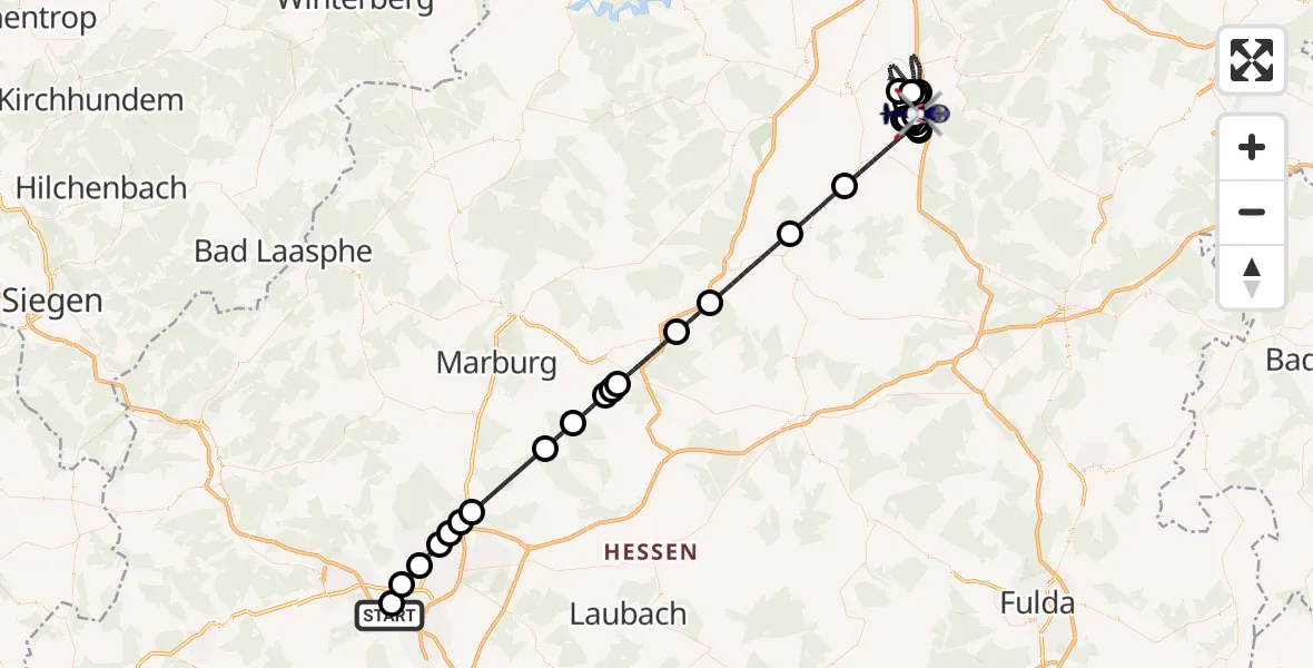 Flugroute Polizeihubschrauber Gießen-Lützellinden Flugplatz - Malsfeld, 11 Juli 2026, 11:37