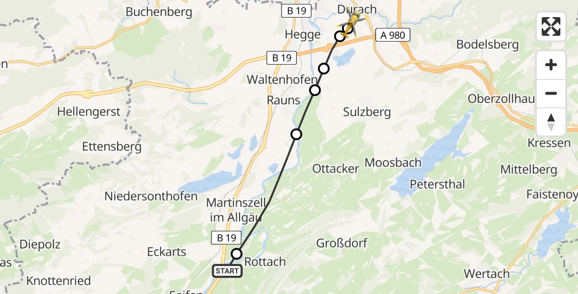 Flugroute Rettungshubschrauber Rettenberg - Kempten-Durach Flugplatz, 11 Juli 2026, 11:39