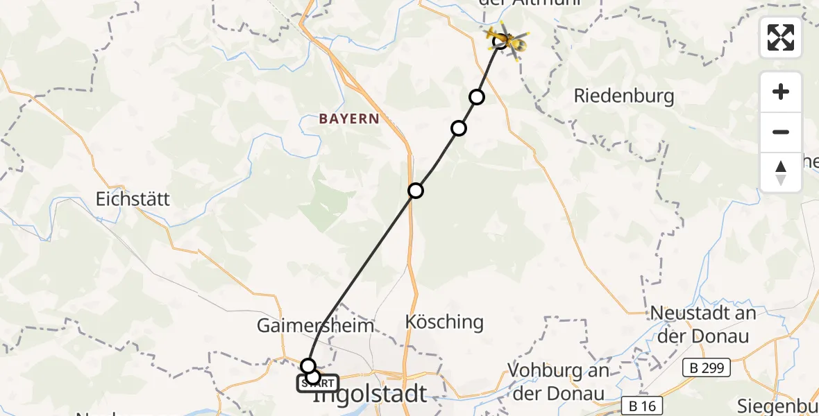 Flugroute Rettungshubschrauber Ingolstadt Hospital - Dietfurt a.d.Altmühl, 11 Juli 2026, 11:41