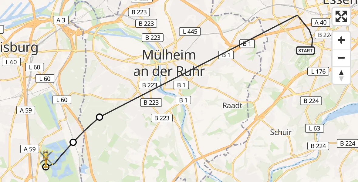 Flugroute Rettungshubschrauber Essen - Duisburg Air Rescue Hubschrauberlandeplatz (Christoph 9), 11 Juli 2026, 11:42