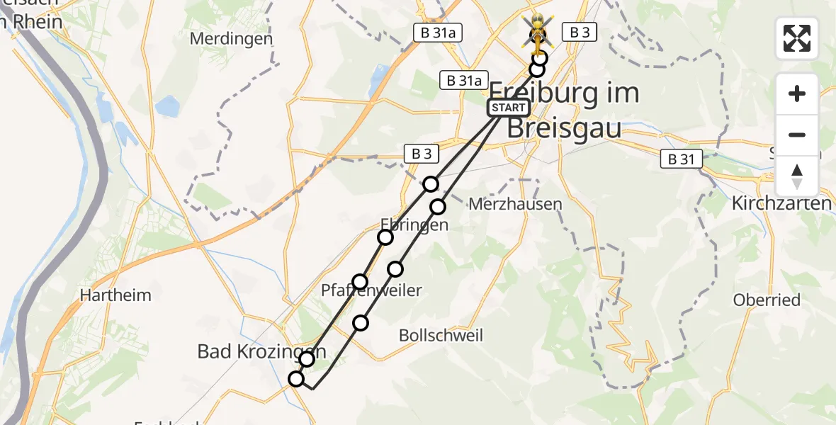 Flugroute Ambulanzhubschrauber Freiburg im Breisgau - Freiburg im Breisgau Flugplatz, 11 Juli 2026, 11:48