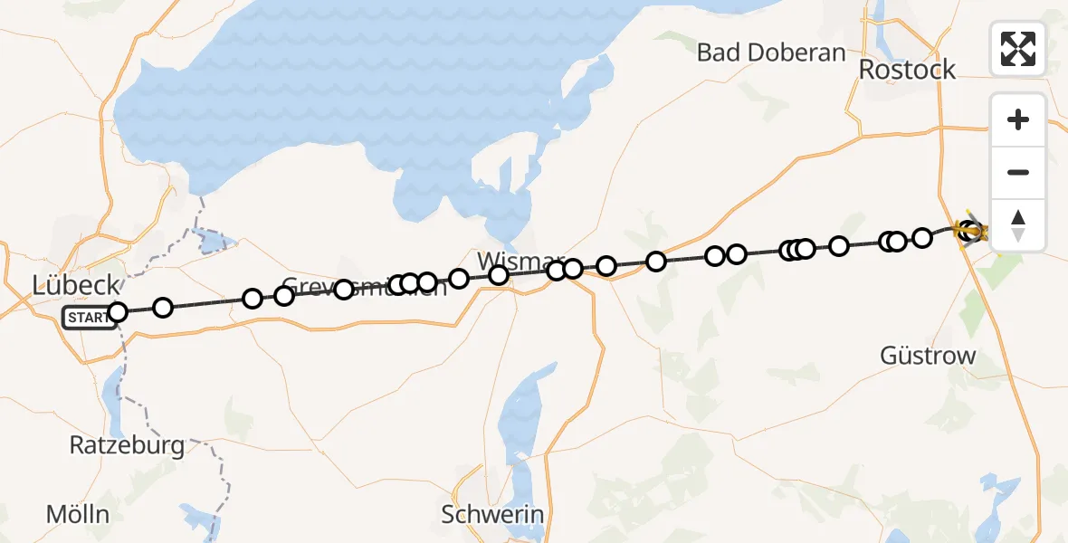 Flugroute Rettungshubschrauber Lübeck - Flughafen Rostock-Laage, 11 Juli 2026, 11:48
