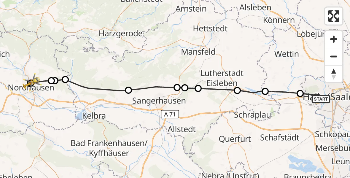 Flugroute Rettungshubschrauber Halle (Saale) - Südharz Hospital Nordhausen, 11 Juli 2026, 11:55