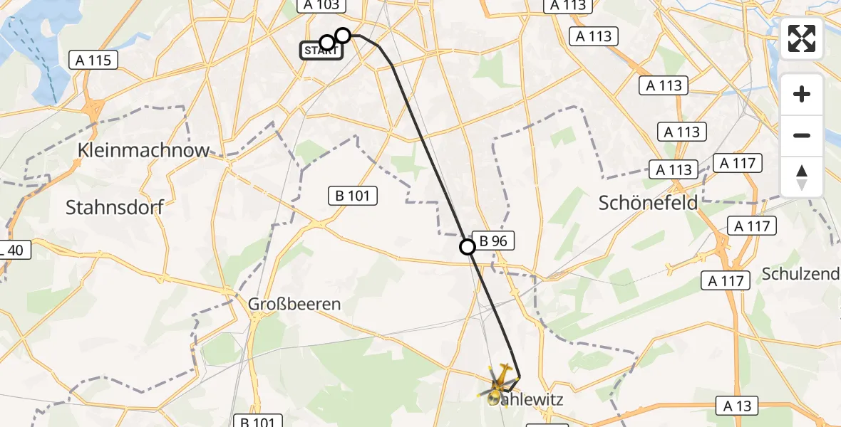 Flugroute Rettungshubschrauber Charité Clinic Benjamin Franklin Campus - Blankenfelde-Mahlow, 11 Juli 2026, 11:55