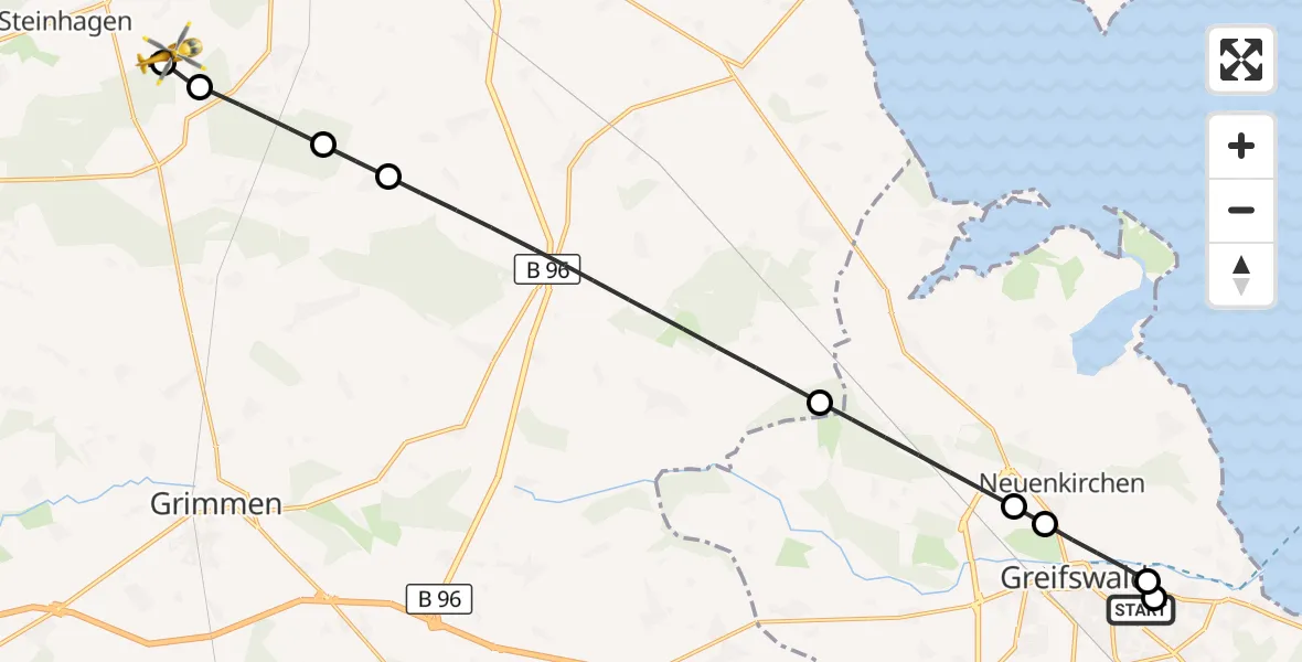 Flugroute Rettungshubschrauber Greifswald Hospital - Steinhagen, 11 Juli 2026, 12:00