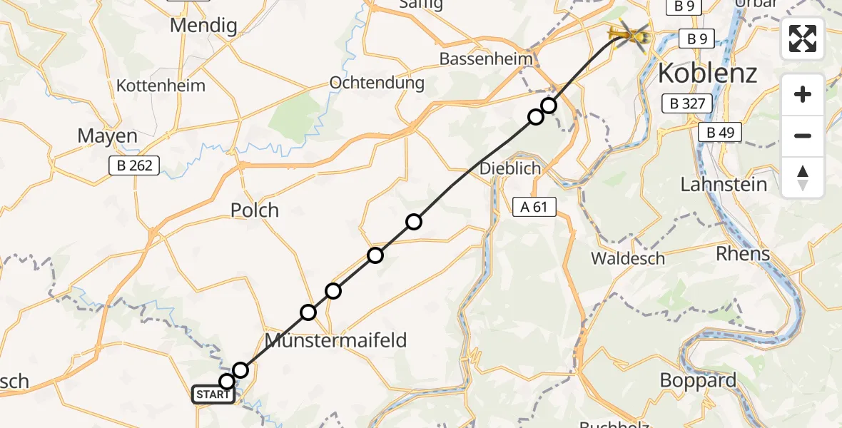 Flugroute Rettungshubschrauber Brohl - Koblenz, 11 Juli 2026, 12:03