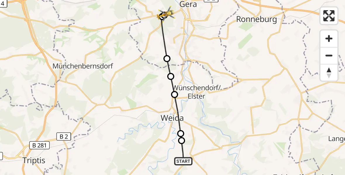 Flugroute Rettungshubschrauber Weida - SRH Wald-Klinikum Gera Hospital, 11 Juli 2026, 12:04