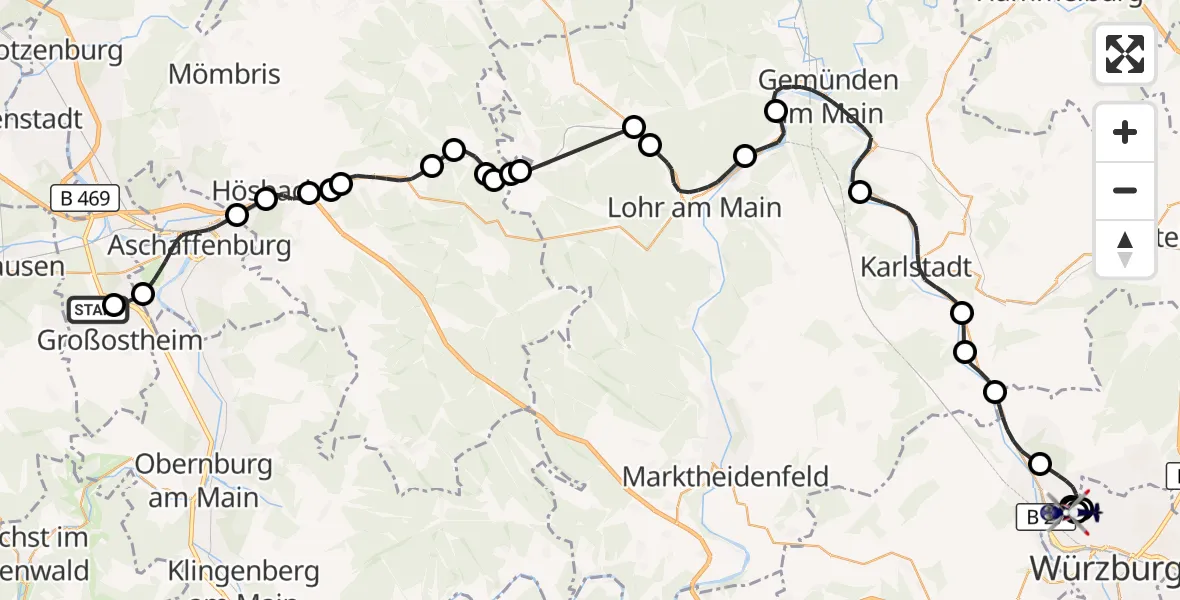 Flugroute Polizeihubschrauber Flugplatz Aschaffenburg - Würzburg, 11 Juli 2026, 12:13