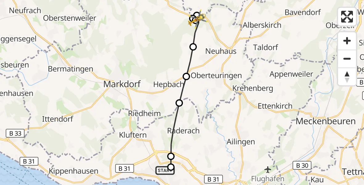 Flugroute Rettungshubschrauber Friedrichshafen Hospital - Oberteuringen, 11 Juli 2026, 12:14