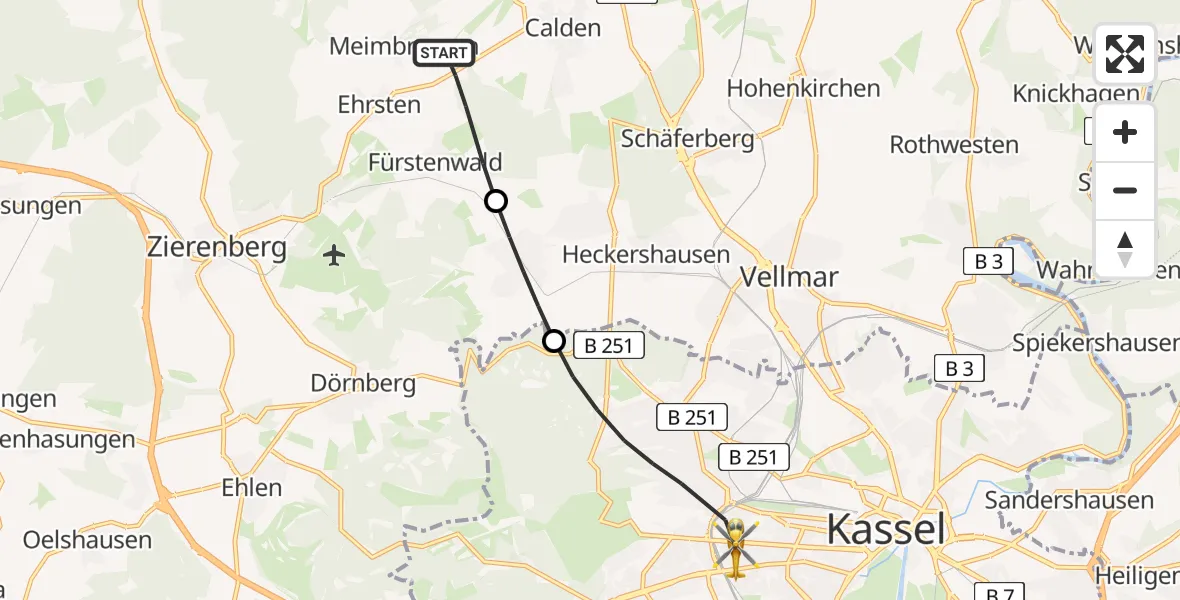 Flugroute Rettungshubschrauber Calden - Kassel, 11 Juli 2026, 12:14