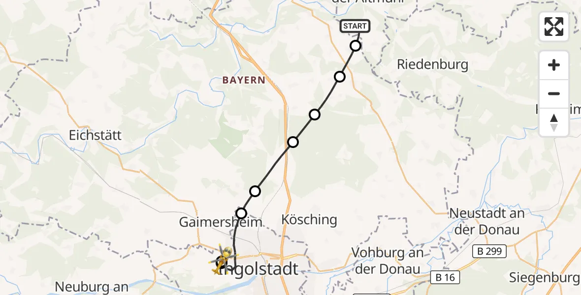 Flugroute Rettungshubschrauber Dietfurt a.d.Altmühl - Ingolstadt Hospital, 11 Juli 2026, 12:16