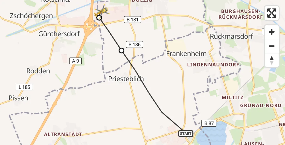 Flugroute Rettungshubschrauber Markranstädt - ADAC Air Rescue Station Leipzig/Schkeuditz-Dölzig Hubschrauberlandeplatz (Christoph 61), 11 Juli 2026, 12:24