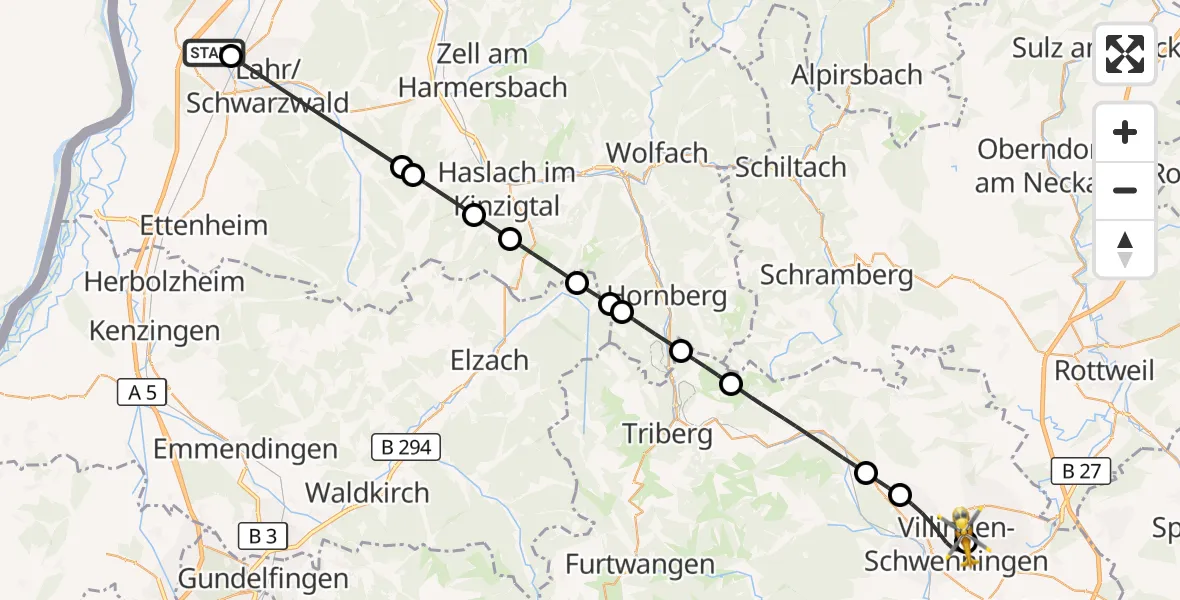 Flugroute Rettungshubschrauber Lahr Flughafen - DRF Air Rescue Station Villingen-Schwenningen Hubschrauberlandeplatz (Christoph 11), 11 Juli 2026, 12:24