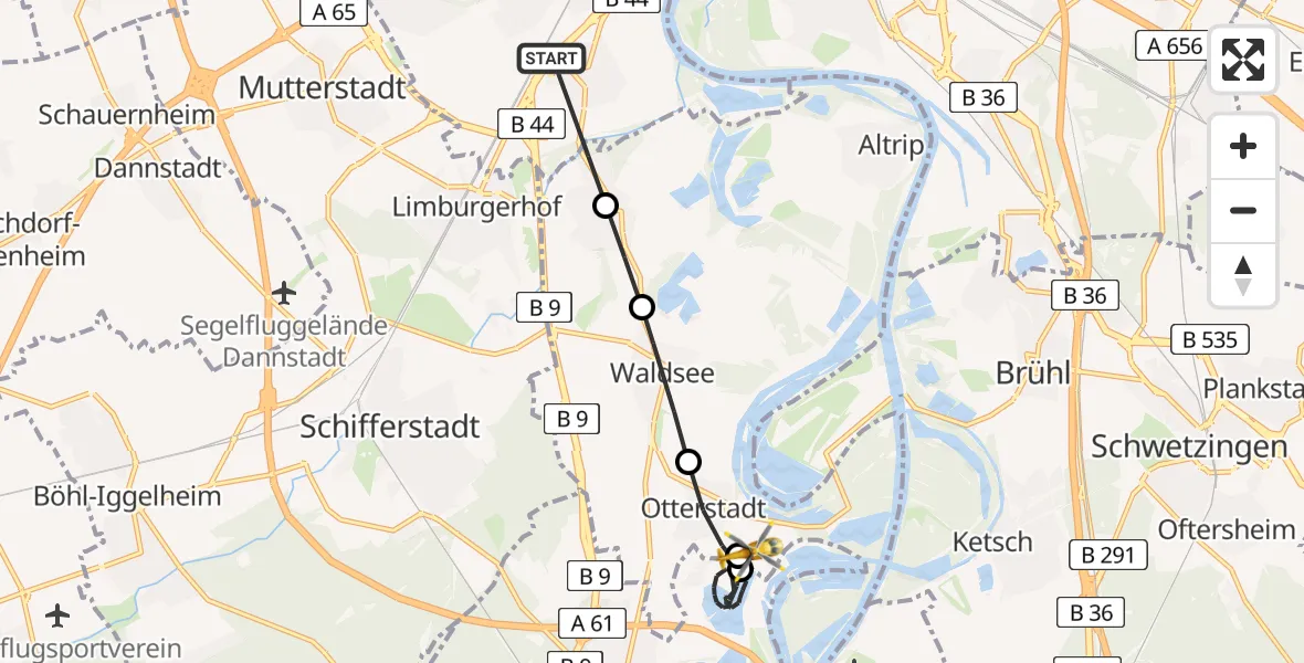 Flugroute Rettungshubschrauber Ludwigshafen am Rhein - Otterstadt, 11 Juli 2026, 12:29