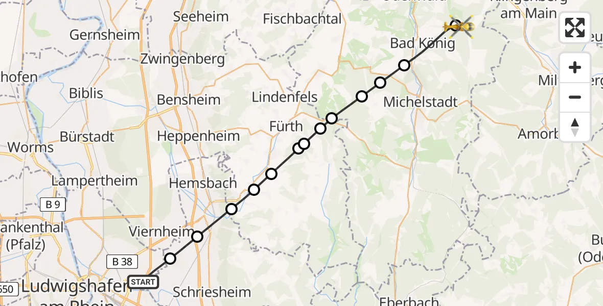 Flugroute Rettungshubschrauber Mannheim - Lützelbach, 11 Juli 2026, 12:29