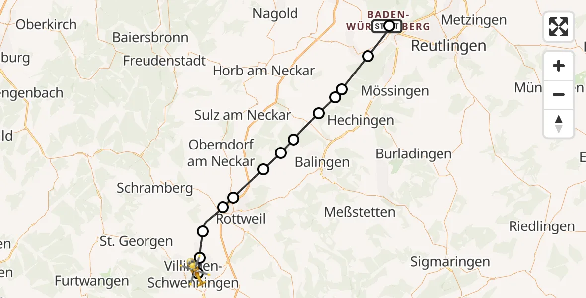 Flugroute Ambulanzhubschrauber Tübingen University Hospital - DRF Air Rescue Station Villingen-Schwenningen Hubschrauberlandeplatz (Christoph 11), 11 Juli 2026, 12:34