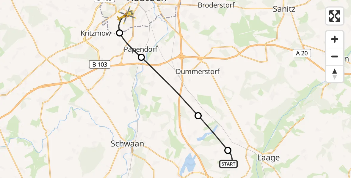 Flugroute Rettungshubschrauber Flughafen Rostock-Laage - Rostock, 11 Juli 2026, 12:35
