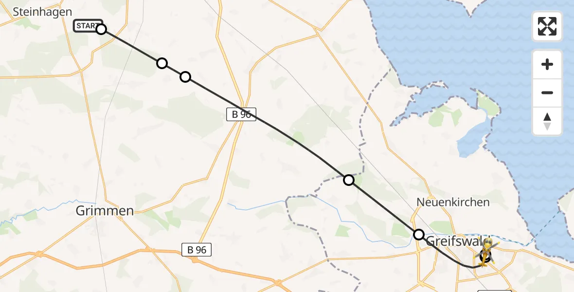 Flugroute Rettungshubschrauber Steinhagen - Greifswald Hospital, 11 Juli 2026, 12:39