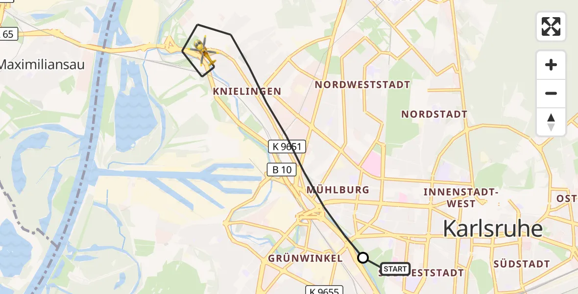 Flugroute Ambulanzhubschrauber Sankt Vincentius Hospital - Karlsruhe, 11 Juli 2026, 12:48