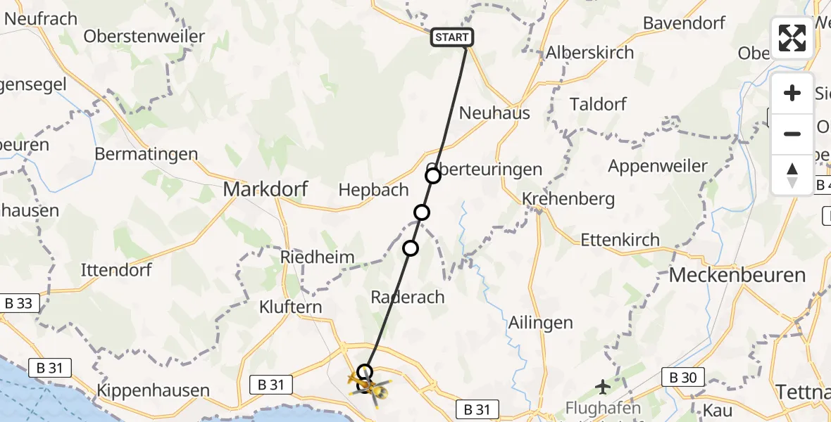 Flugroute Rettungshubschrauber Oberteuringen - Friedrichshafen Hospital, 11 Juli 2026, 12:53