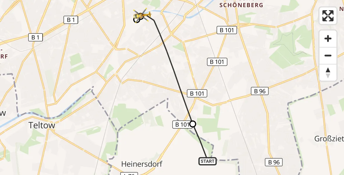 Flugroute Rettungshubschrauber Großbeeren - Charité Clinic Benjamin Franklin Campus Hubschrauberlandeplatz, 11 Juli 2026, 12:57