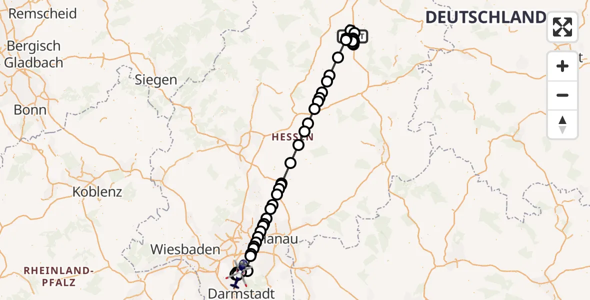 Flugroute Polizeihubschrauber Malsfeld - Flughafen Frankfurt-Egelsbach, 11 Juli 2026, 12:58
