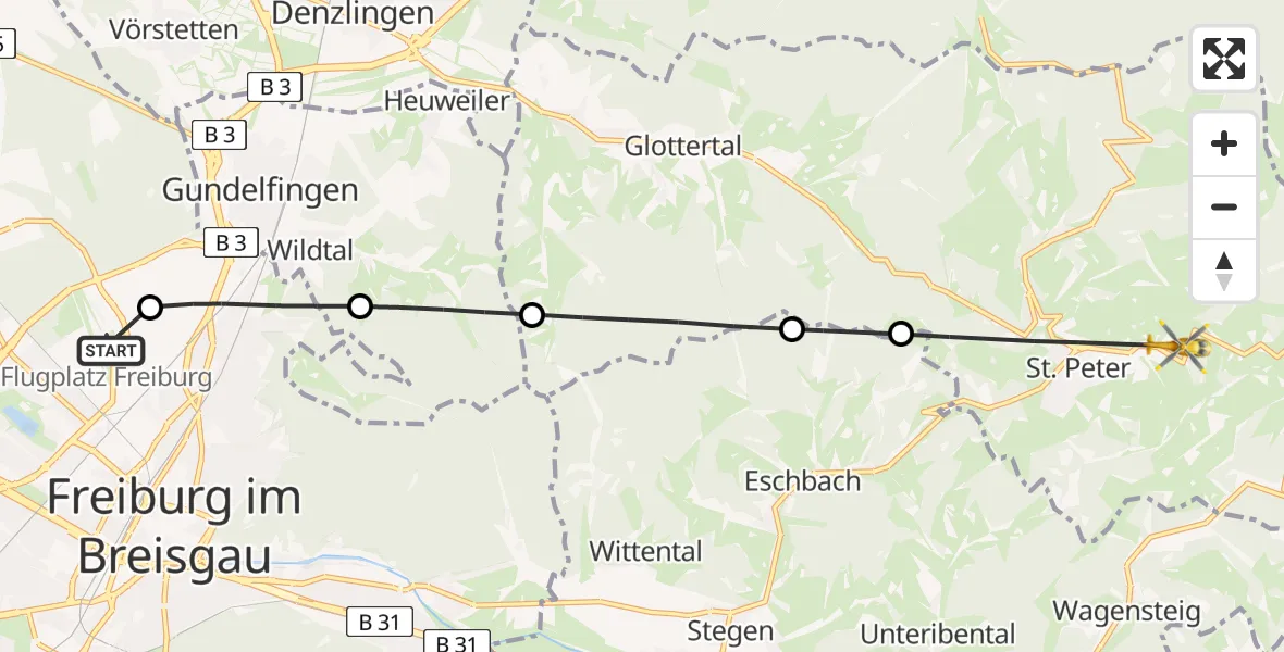 Flugroute Ambulanzhubschrauber Freiburg im Breisgau Flugplatz - St. Peter, 11 Juli 2026, 13:06