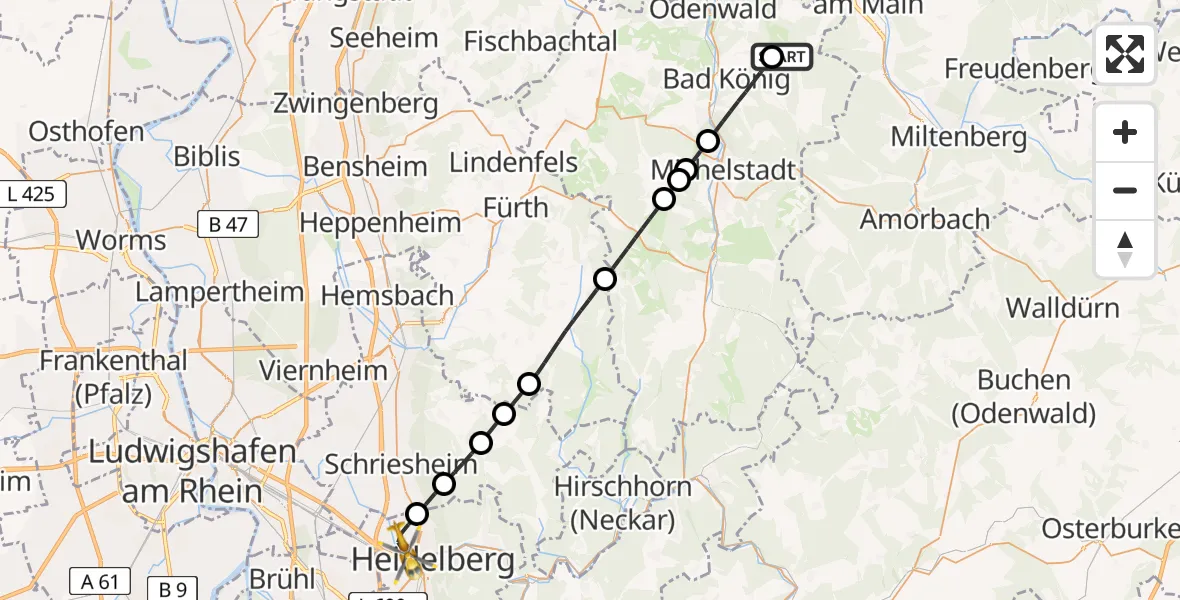 Flugroute Rettungshubschrauber Lützelbach - Heidelberg, 11 Juli 2026, 13:10