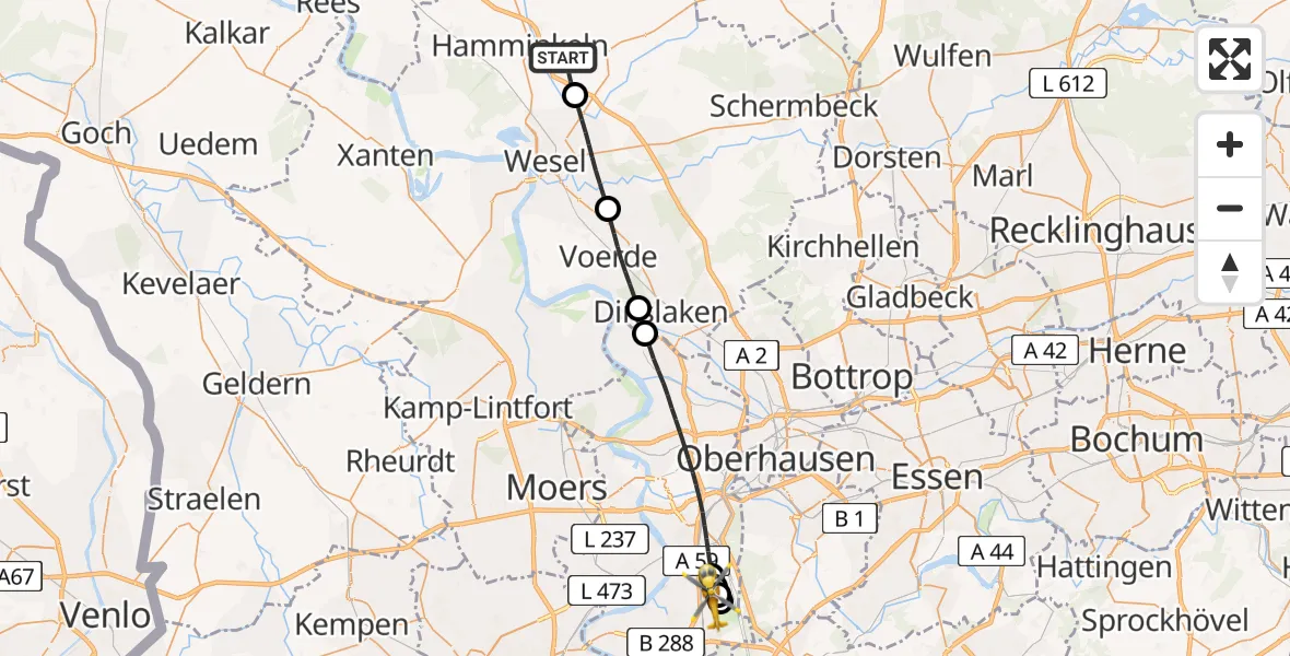 Flugroute Rettungshubschrauber Hamminkeln - Duisburg Air Rescue Hubschrauberlandeplatz (Christoph 9), 11 Juli 2026, 13:12