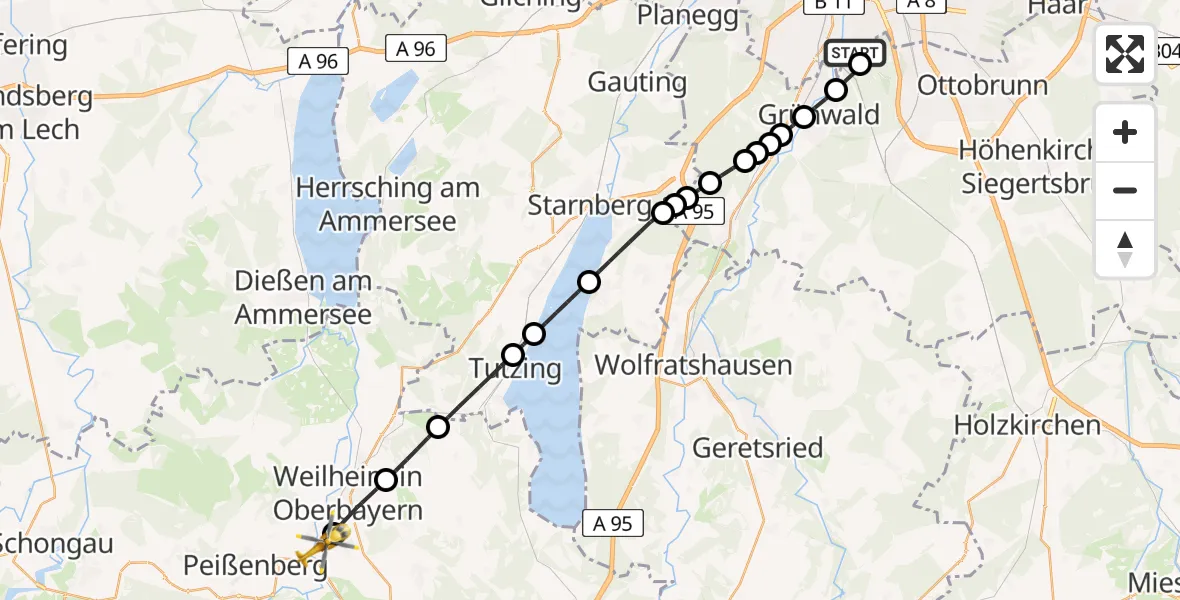 Flugroute Rettungshubschrauber ADAC Air Rescue Center Hubschrauberlandeplatz (Christoph 1) - Polling, 11 Juli 2026, 13:22