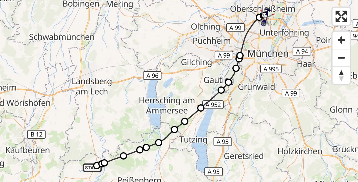 Flugroute Polizeihubschrauber Altenstadt - Oberschleißheim, 11 Juli 2026, 13:23