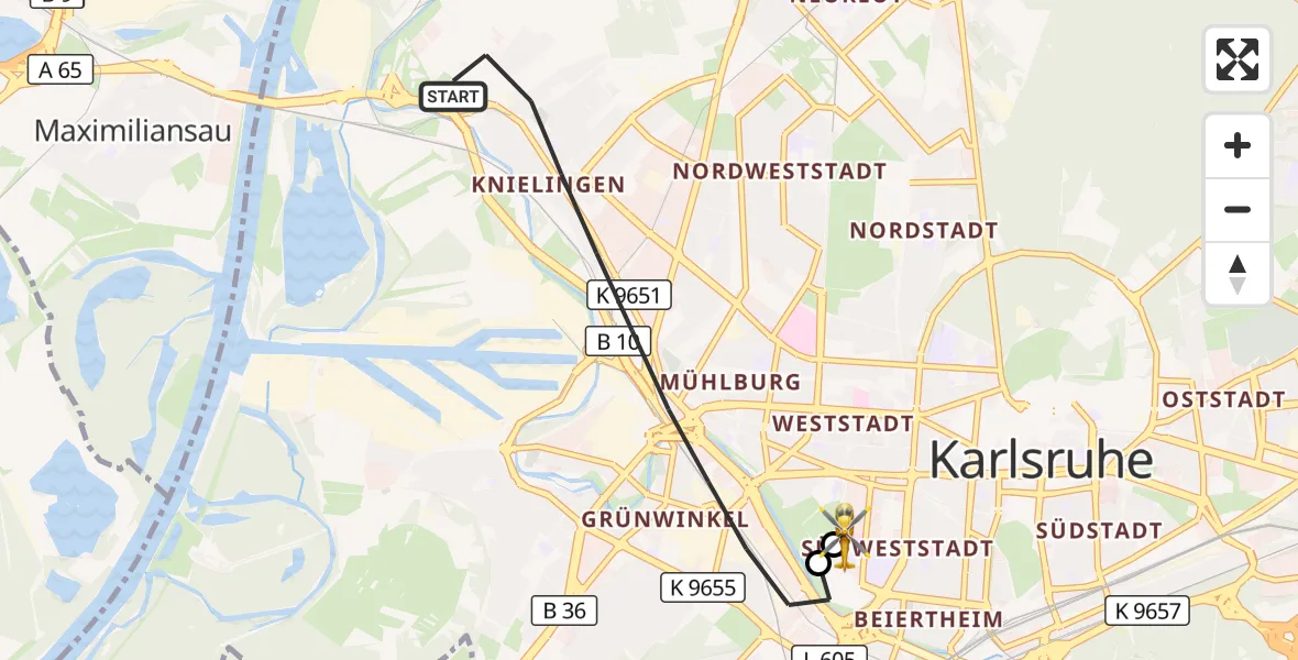 Flugroute Ambulanzhubschrauber Karlsruhe - Sankt Vincentius Hospital, 11 Juli 2026, 13:26