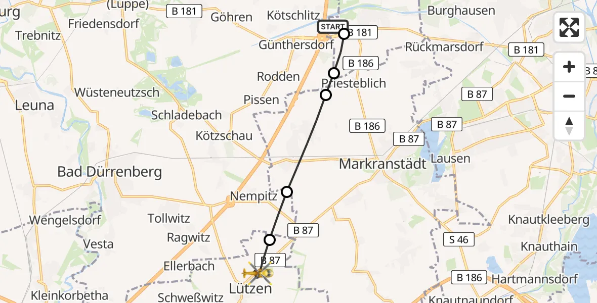 Flugroute Rettungshubschrauber ADAC Air Rescue Station Leipzig/Schkeuditz-Dölzig Hubschrauberlandeplatz (Christoph 61) - Lützen, 11 Juli 2026, 13:36