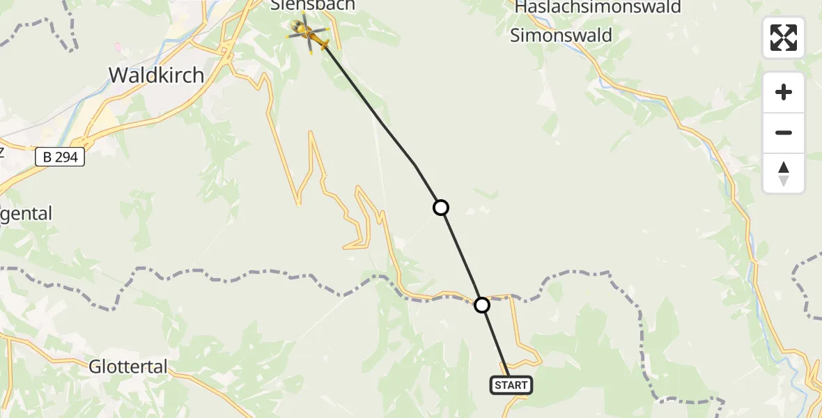 Flugroute Ambulanzhubschrauber St. Peter - Waldkirch, 11 Juli 2026, 13:38