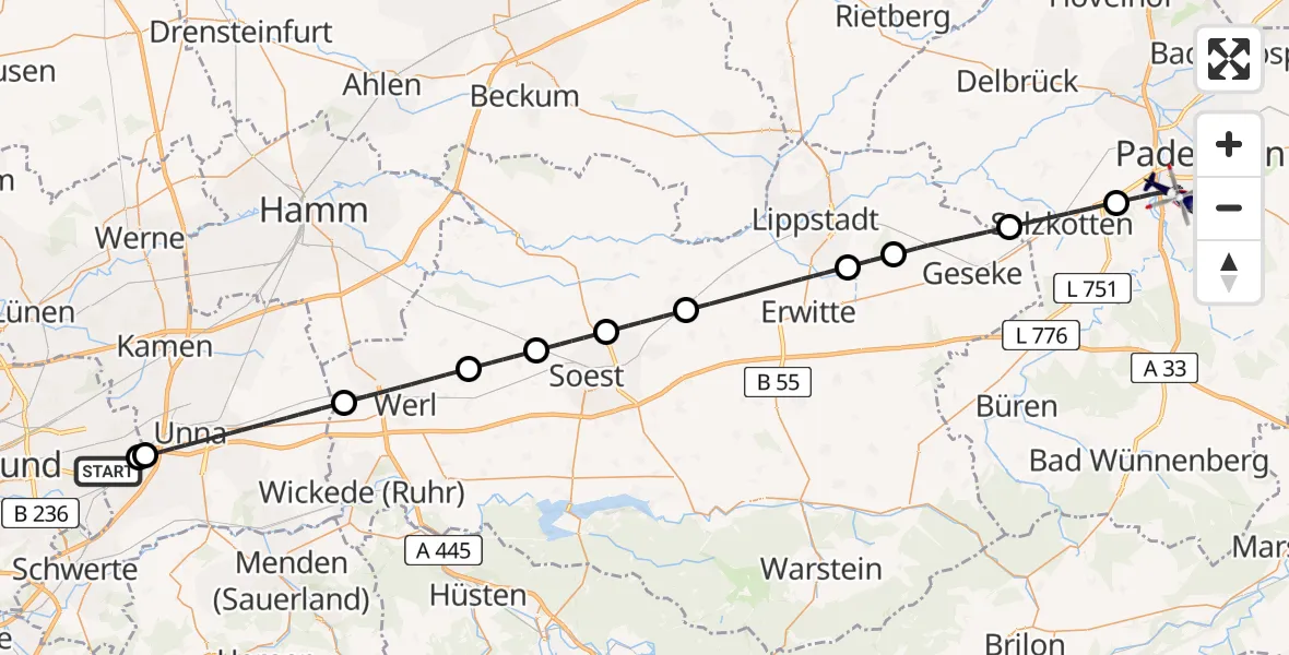 Flugroute Polizeihubschrauber Dortmund Flughafen - Paderborn, 11 Juli 2026, 13:40
