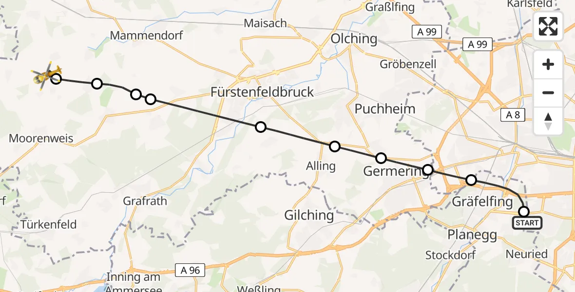 Flugroute Rettungshubschrauber DRF Air Rescue München Hubschrauberlandeplatz - Moorenweis, 11 Juli 2026, 13:44