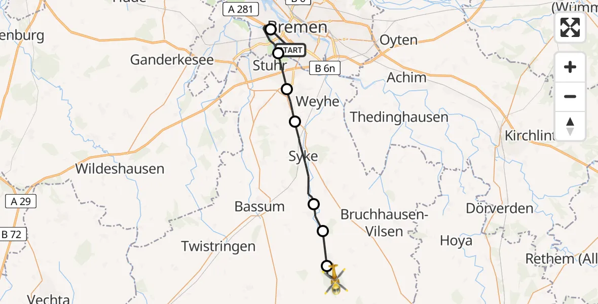 Flugroute Rettungshubschrauber Flughafen Bremen - Affinghausen, 11 Juli 2026, 13:55