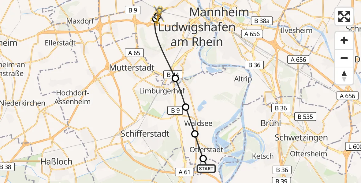 Flugroute Rettungshubschrauber Speyer - Ludwigshafen Accident Hospital, 11 Juli 2026, 13:57