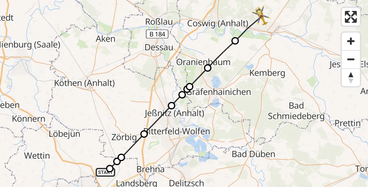 Flugroute Rettungshubschrauber Halle-Oppin Flugplatz - Wittenberg, 11 Juli 2026, 13:56