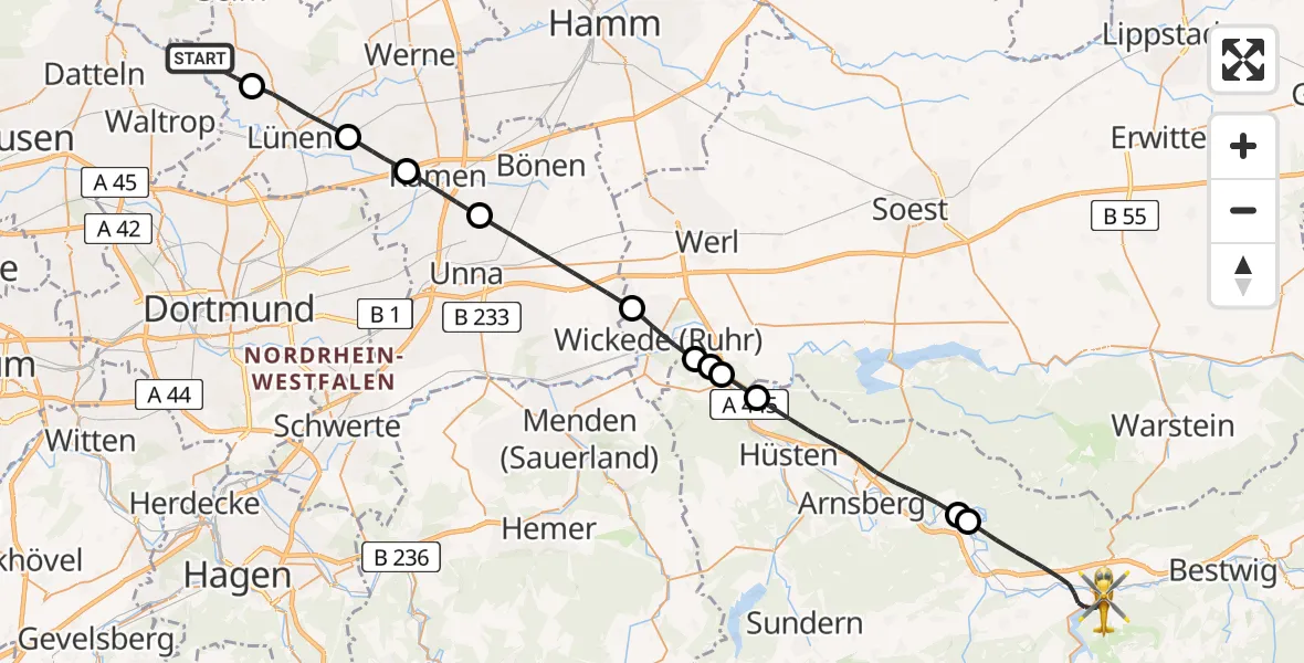 Flugroute Rettungshubschrauber Selm - Meschede, 11 Juli 2026, 14:06