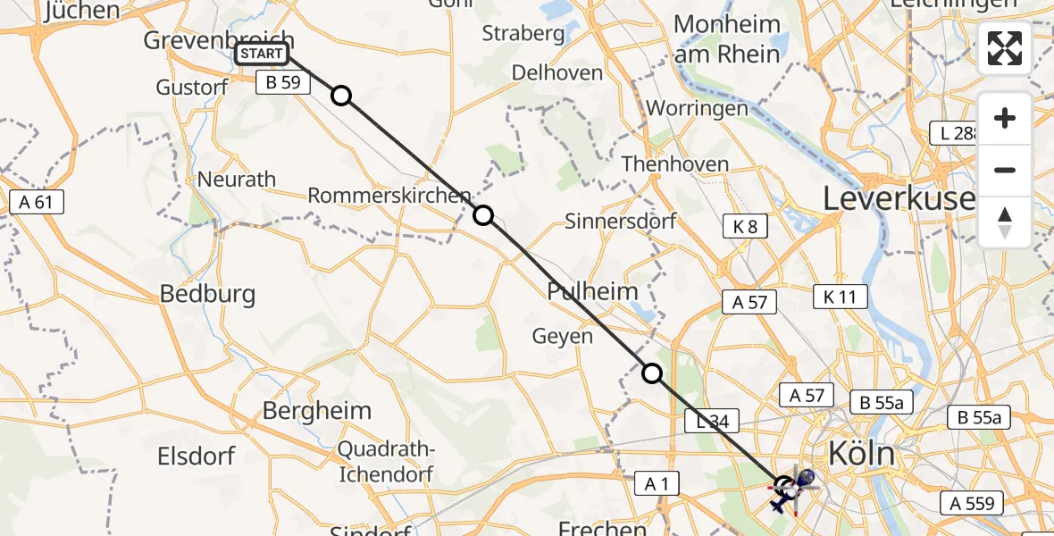 Flugroute Polizeihubschrauber Grevenbroich - Köln University Hospital, 11 Juli 2026, 14:06