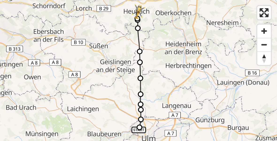 Flugroute Rettungshubschrauber Ulm Military Hospital Emergency - Heubach, 11 Juli 2026, 14:12