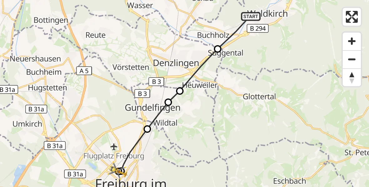 Flugroute Ambulanzhubschrauber Waldkirch - Freiburg University Hospital Heliport 1, 11 Juli 2026, 14:12